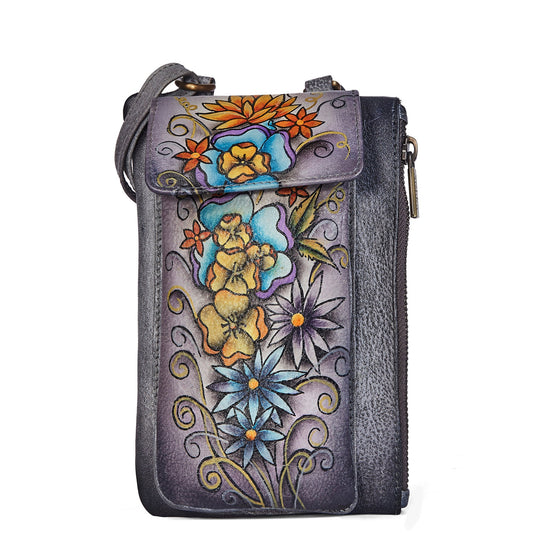 Hand-Painted Leather Phone Wallet for Women, Cross body Cell Phone Bag with Strap, Stylish Purse