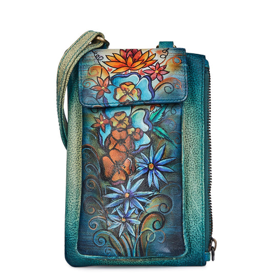 Women's Hand-Painted Floral Phone Wallet with Blue Strap