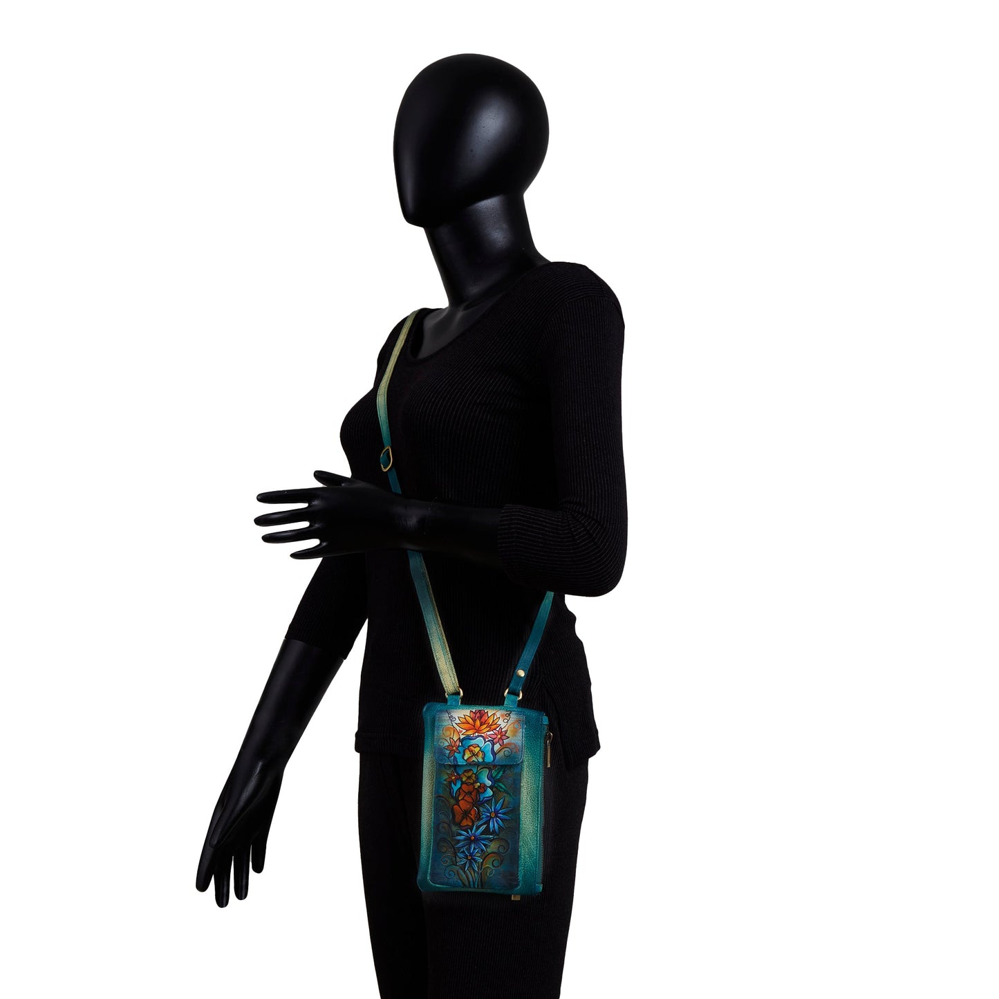 Women's Hand-Painted Floral Phone Wallet with Blue Strap