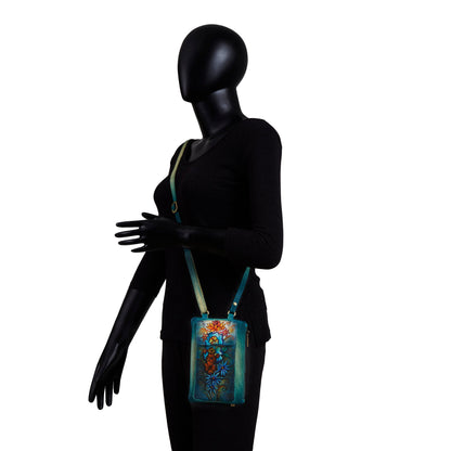 Women's Hand-Painted Floral Phone Wallet with Blue Strap