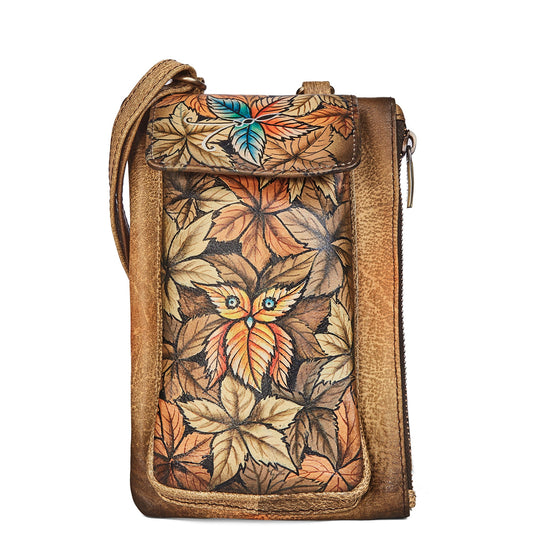 Hand-Painted Leaf Design Brown Leather Phone Wallet with Strap for Women