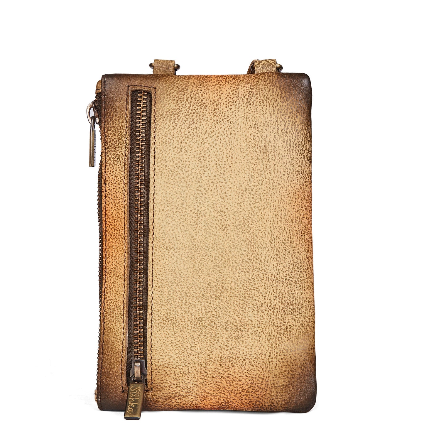 Hand-Painted Leaf Design Brown Leather Phone Wallet with Strap for Women