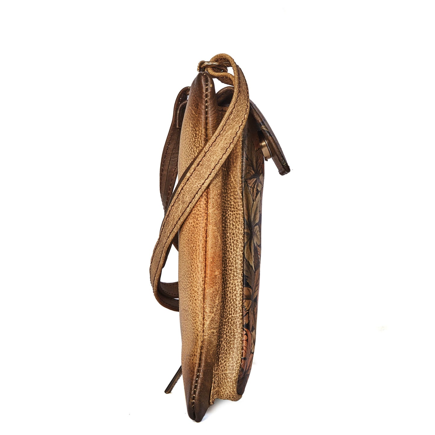 Hand-Painted Leaf Design Brown Leather Phone Wallet with Strap for Women