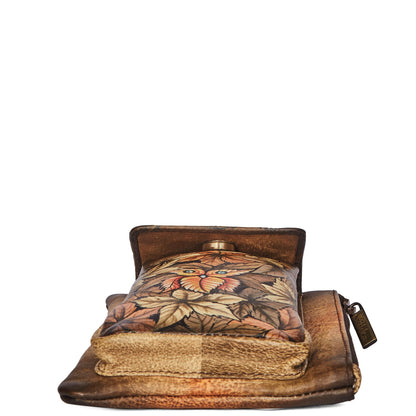 Hand-Painted Leaf Design Brown Leather Phone Wallet with Strap for Women