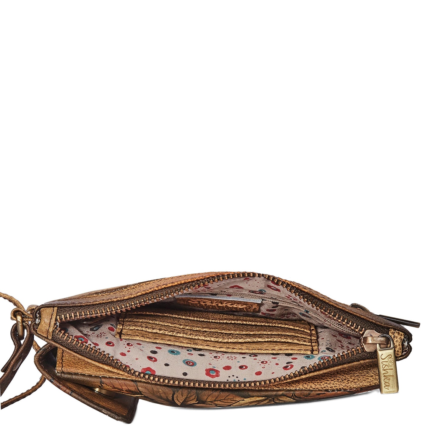 Hand-Painted Leaf Design Brown Leather Phone Wallet with Strap for Women