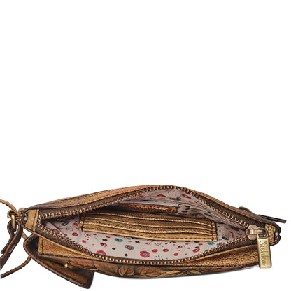 Hand-Painted Leaf Design Brown Leather Phone Wallet with Strap for Women