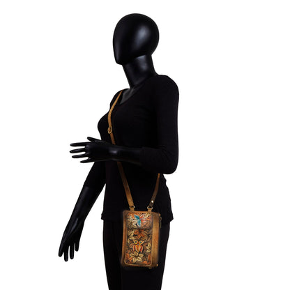 Hand-Painted Leaf Design Brown Leather Phone Wallet with Strap for Women