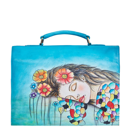 Blue "Beautiful Dream" Hand-Painted Leather Business Satchel Bag