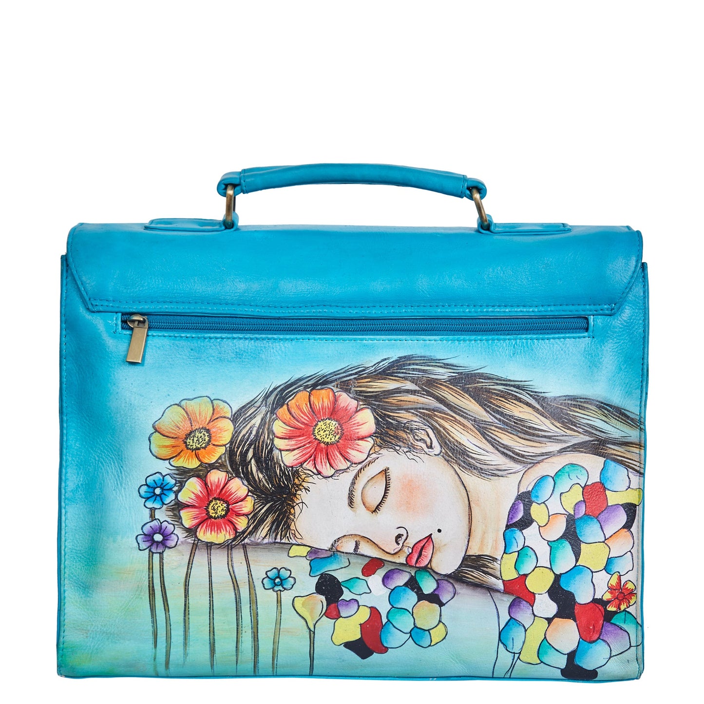 Blue "Beautiful Dream" Hand-Painted Leather Business Satchel Bag