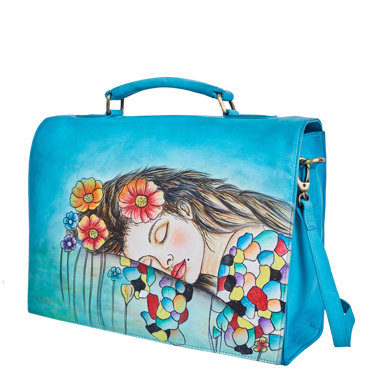 Blue "Beautiful Dream" Hand-Painted Leather Business Satchel Bag