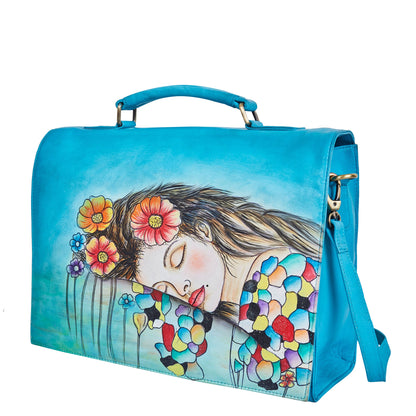 Blue "Beautiful Dream" Hand-Painted Leather Business Satchel Bag
