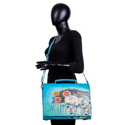 Blue "Beautiful Dream" Hand-Painted Leather Business Satchel Bag