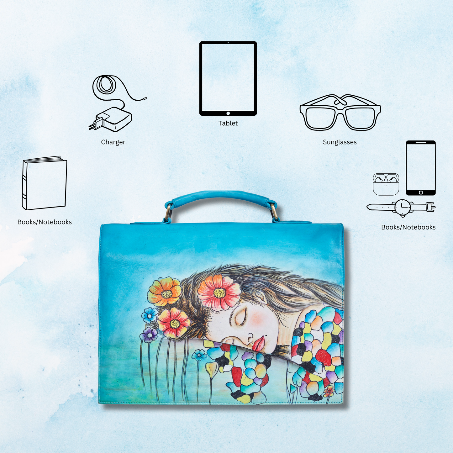 Blue "Beautiful Dream" Hand-Painted Leather Business Satchel Bag