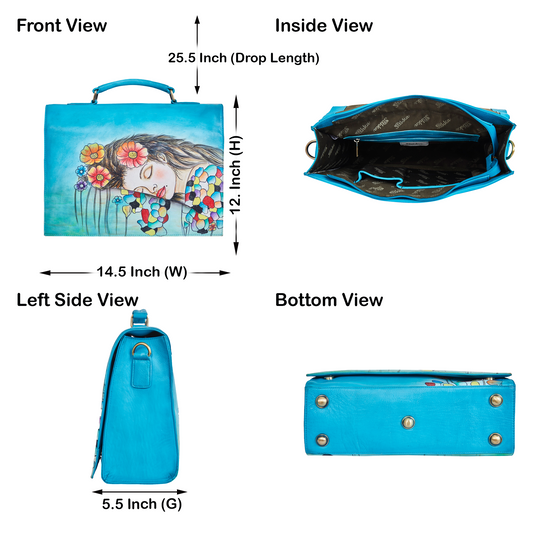 Blue "Beautiful Dream" Hand-Painted Leather Business Satchel Bag