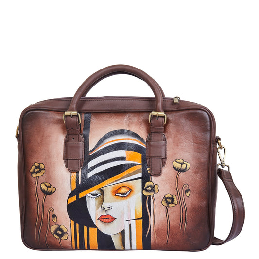 Sishka Hand-Painted Brown "Lady with Hat" Leather Business Bag for women– Shoulder Briefcase with Pocket & Adjustable Strap for Work & Travel.