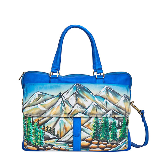 Mountain Art Hand-Painted Leather Business Satchel Bag