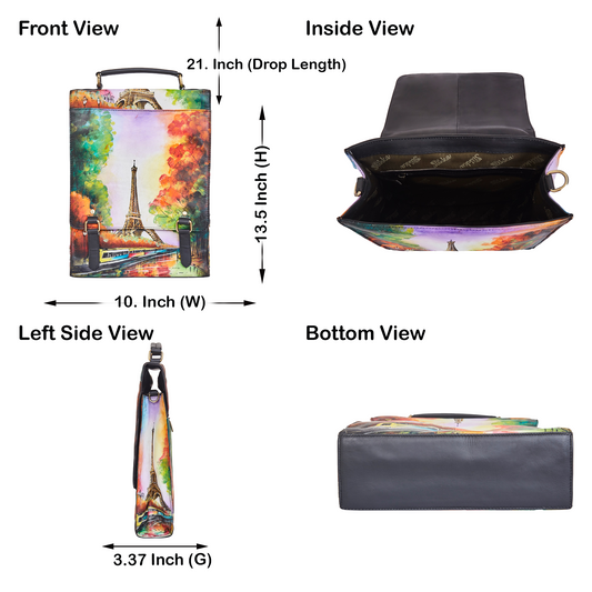 Hand-Painted Women's Leather Crossbody – Eiffel Tower Art, Stylish & Spacious Satchel with Detachable Straps.