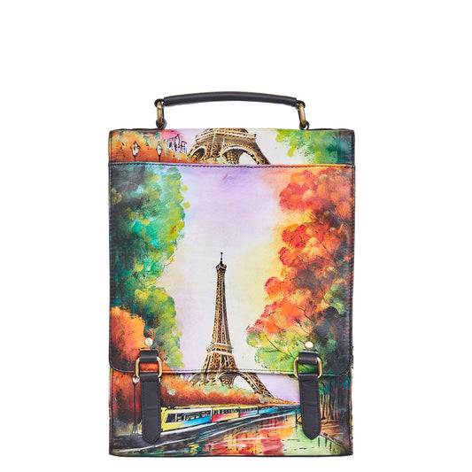Hand-Painted Women's Leather Crossbody – Eiffel Tower Art, Stylish & Spacious Satchel with Detachable Straps.