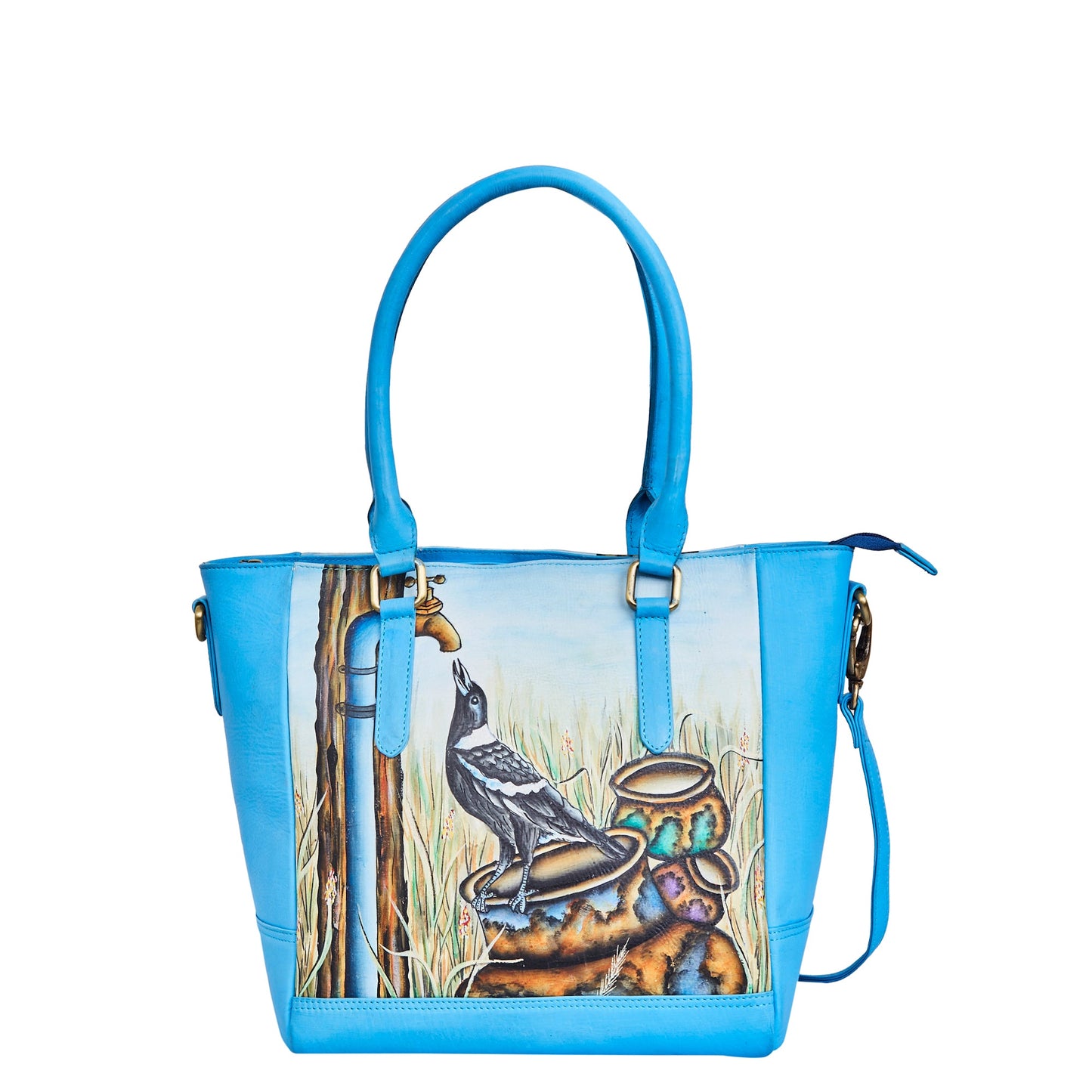 Crow Art Hand-Painted Leather Carry-All Satchel Shoulder Bag