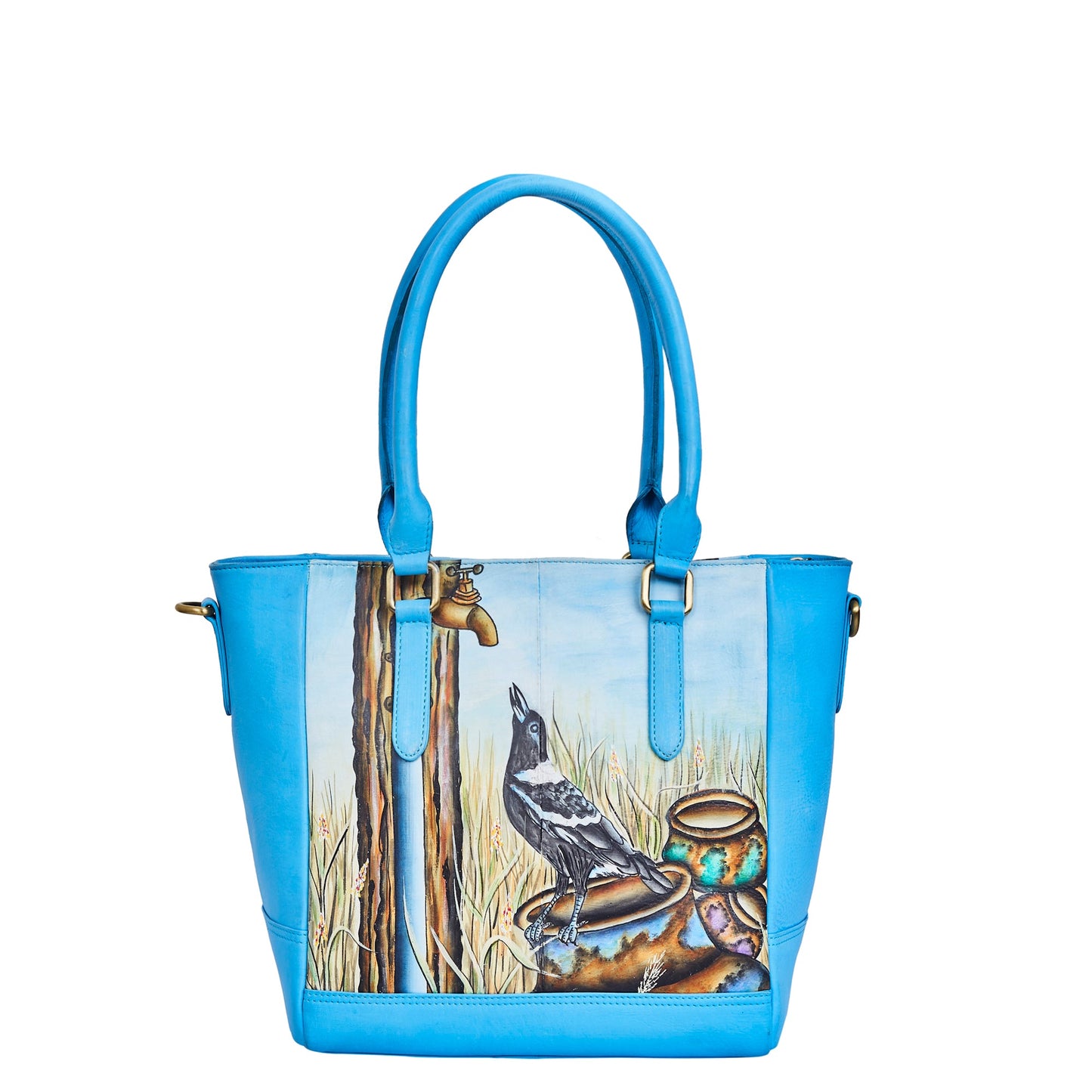 Crow Art Hand-Painted Leather Carry-All Satchel Shoulder Bag