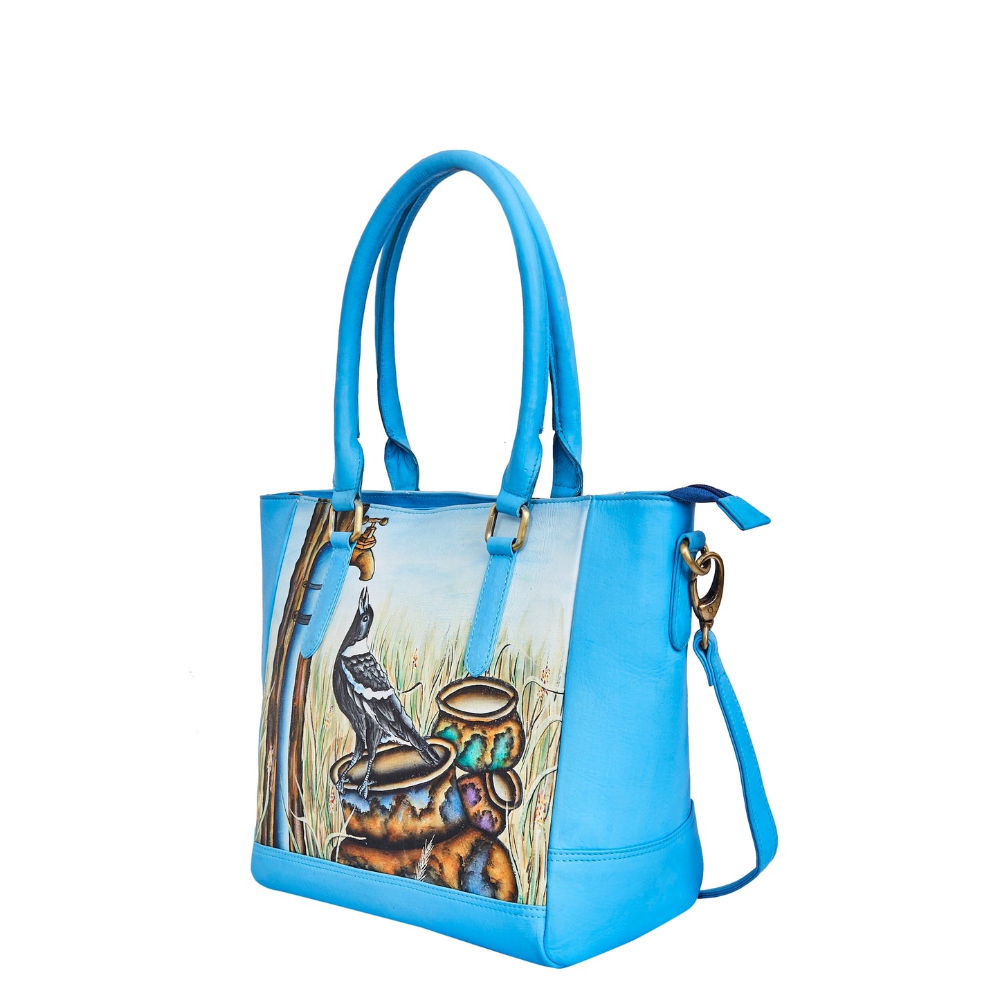 Crow Art Hand-Painted Leather Carry-All Satchel Shoulder Bag