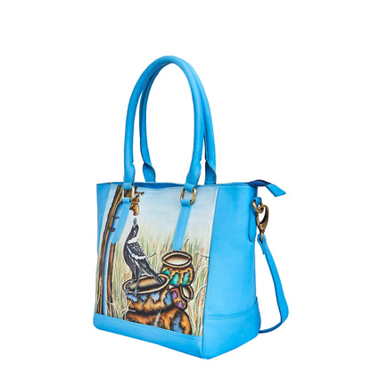 Crow Art Hand-Painted Leather Carry-All Satchel Shoulder Bag