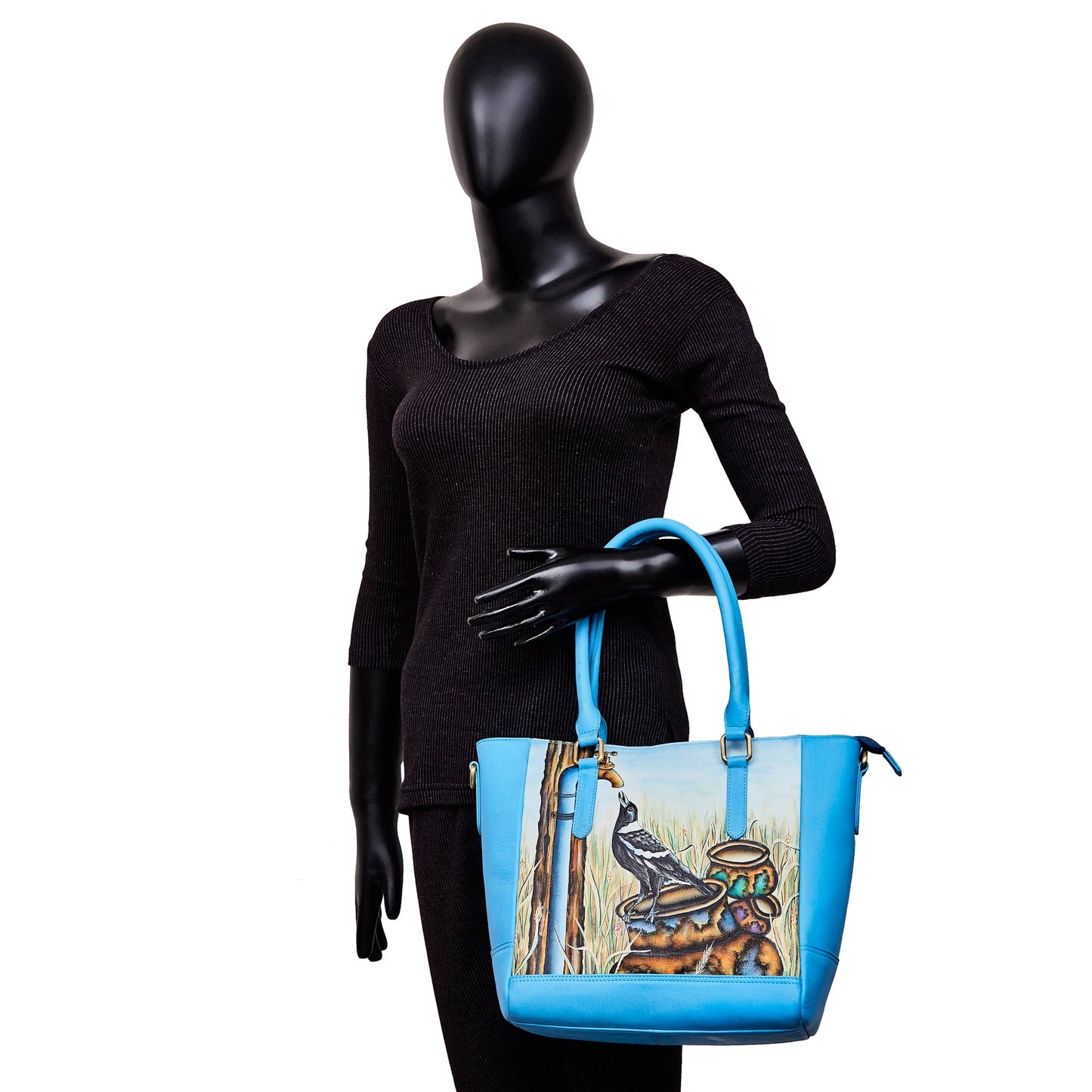 Crow Art Hand-Painted Leather Carry-All Satchel Shoulder Bag