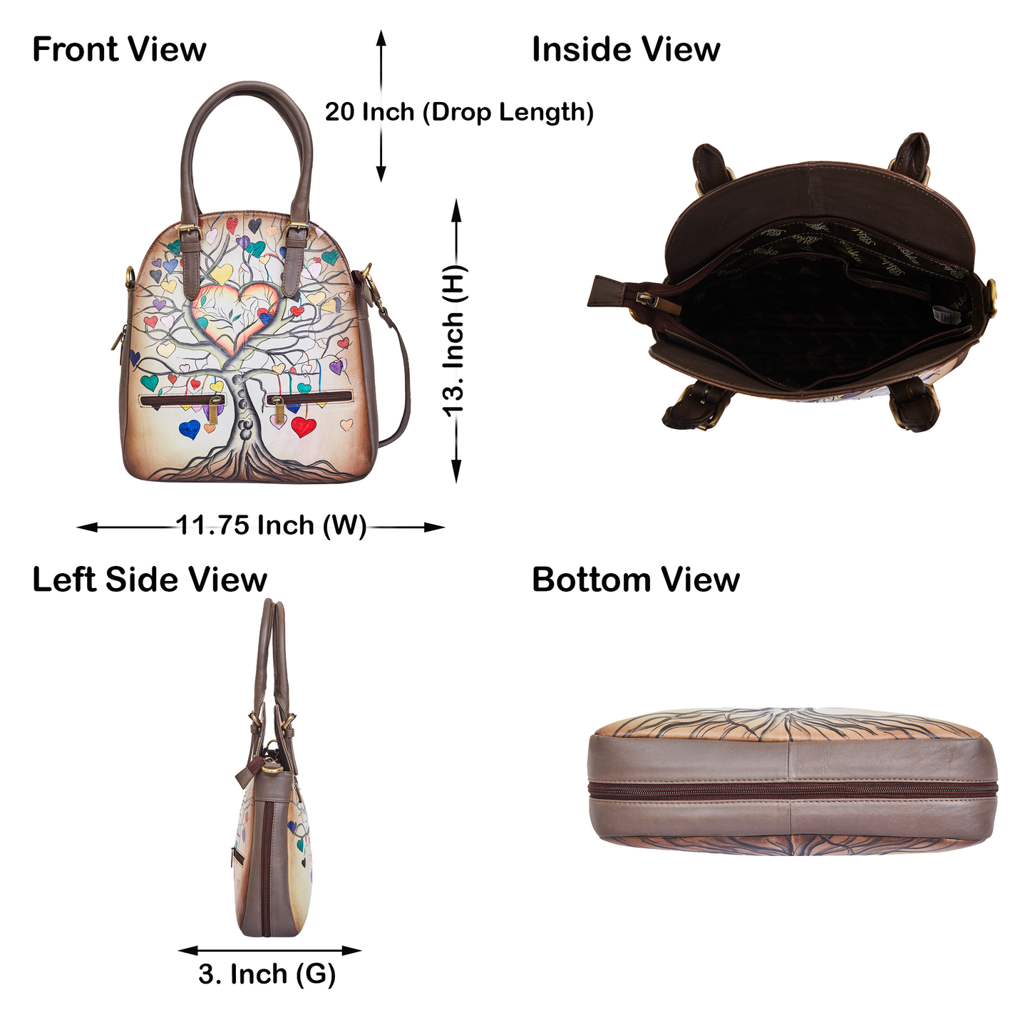 Heart & Tree Art Hand-Painted Leather Tote Shoulder Bag