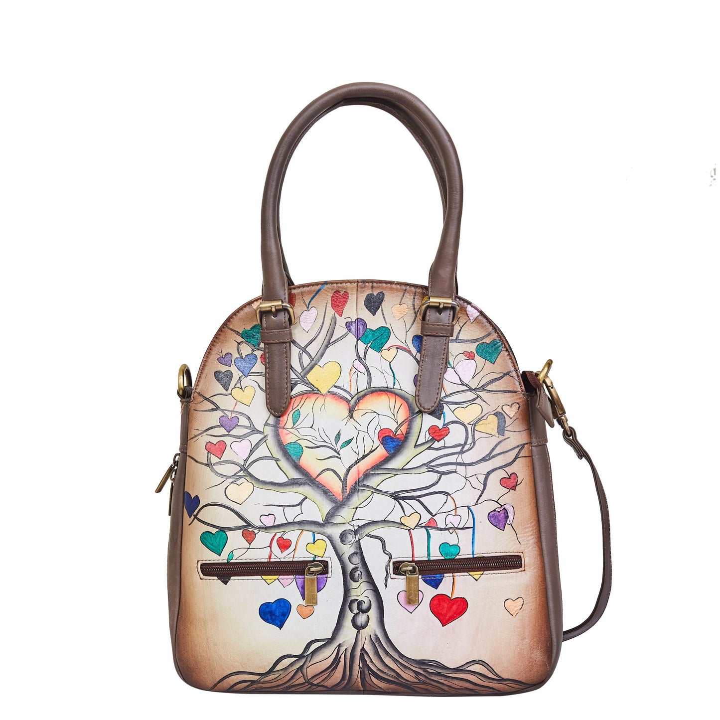 Heart & Tree Art Hand-Painted Leather Tote Shoulder Bag