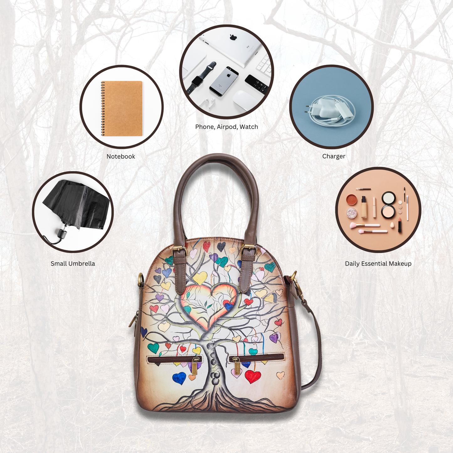 Heart & Tree Art Hand-Painted Leather Tote Shoulder Bag