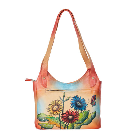 Orange Hand-Painted Leather Hobo Bag with Sunflower and Butterfly