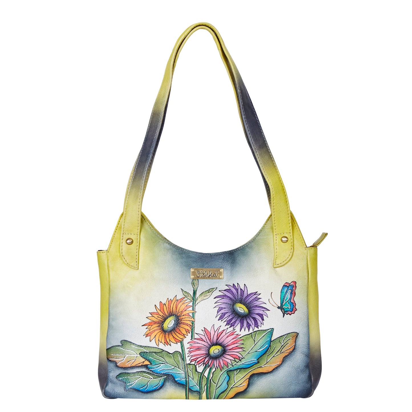 Elegant hand-painted leather Hobo bag with yellow sunflowers and butterflies