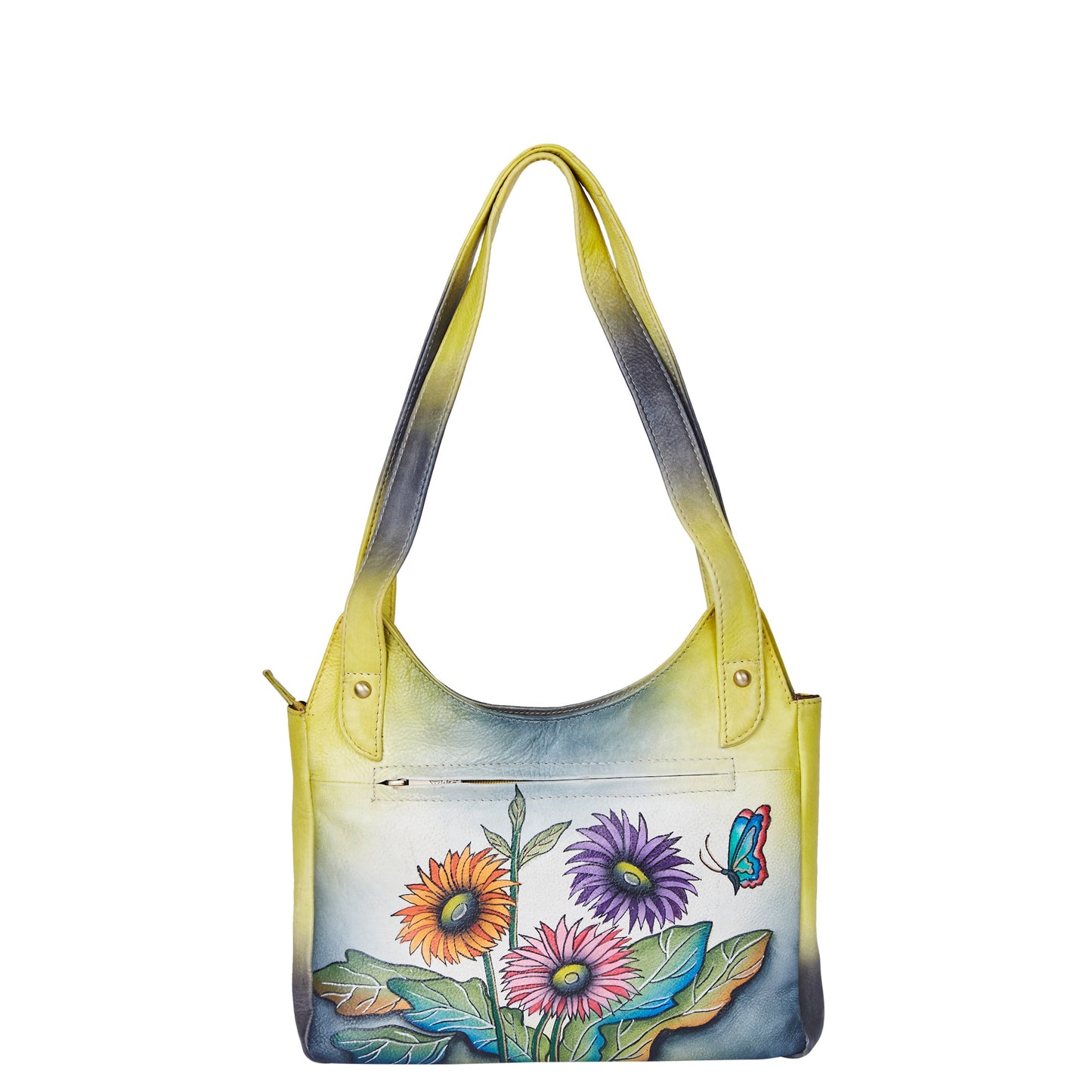 Elegant hand-painted leather Hobo bag with yellow sunflowers and butterflies