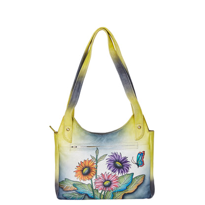 Elegant hand-painted leather Hobo bag with yellow sunflowers and butterflies