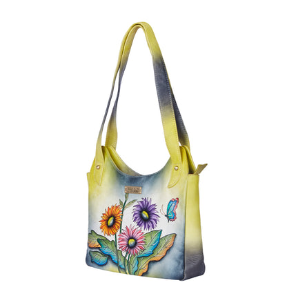 Elegant hand-painted leather Hobo bag with yellow sunflowers and butterflies