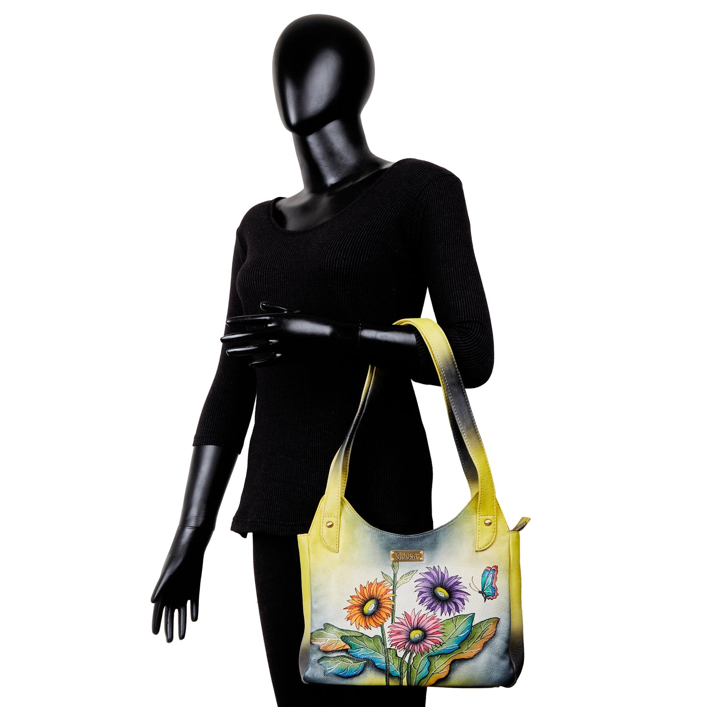 Elegant hand-painted leather Hobo bag with yellow sunflowers and butterflies