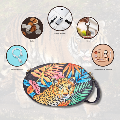 Hand-Painted Leopard Art Leather Fanny Pack – Adjustable Crossbody Waist Bag