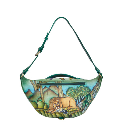 Hand-Painted Lion Leather Fanny Pack – Adjustable Crossbody Waist Bag