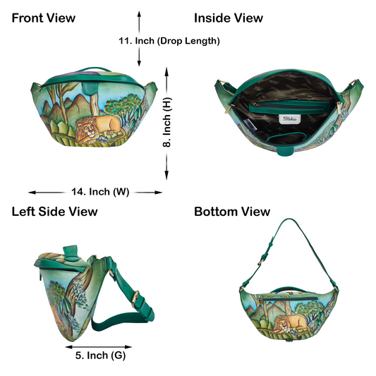 Hand-Painted Lion Leather Fanny Pack – Adjustable Crossbody Waist Bag