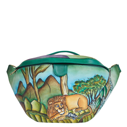 Hand-Painted Lion Leather Fanny Pack – Adjustable Crossbody Waist Bag