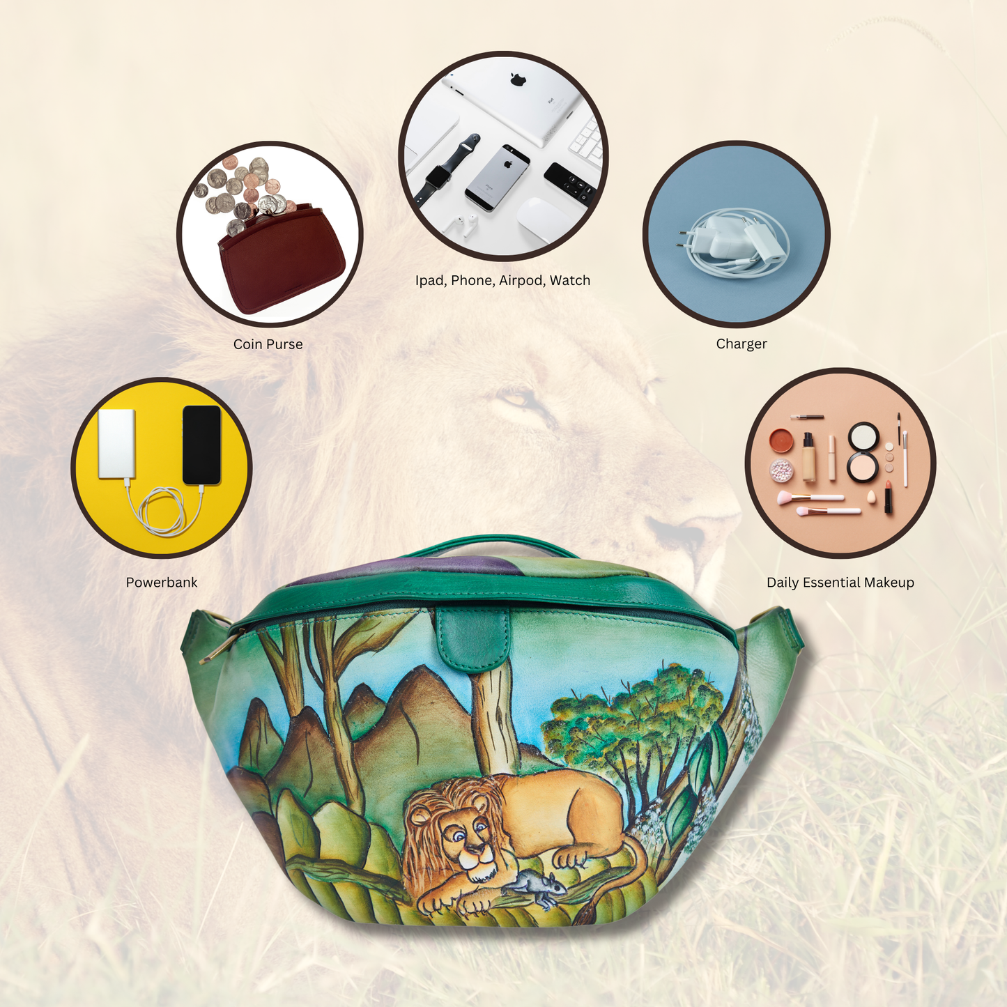 Hand-Painted Lion Leather Fanny Pack – Adjustable Crossbody Waist Bag