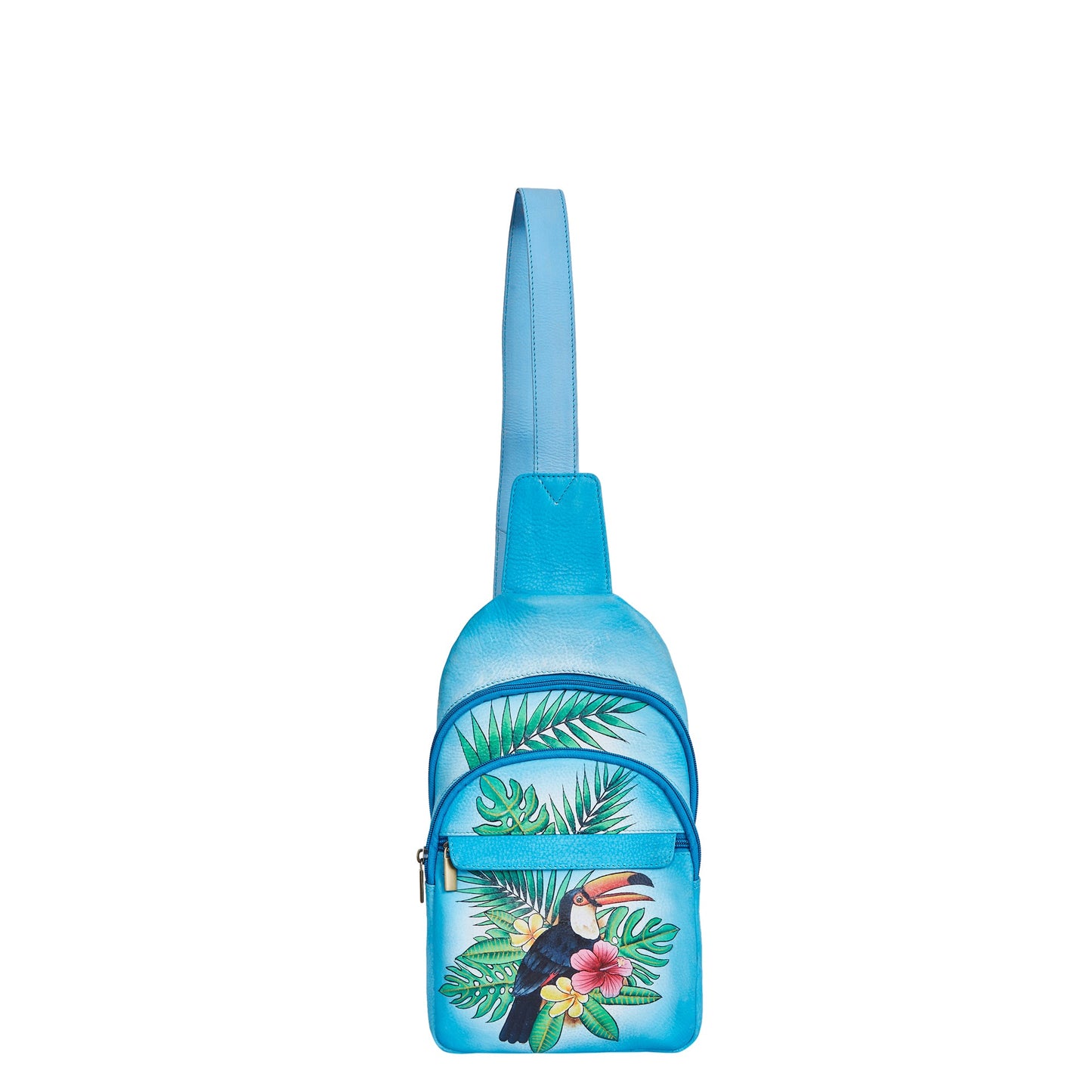 Hand‑Painted Blue Leather Fanny Pack – Adjustable Crossbody & Waist Bag