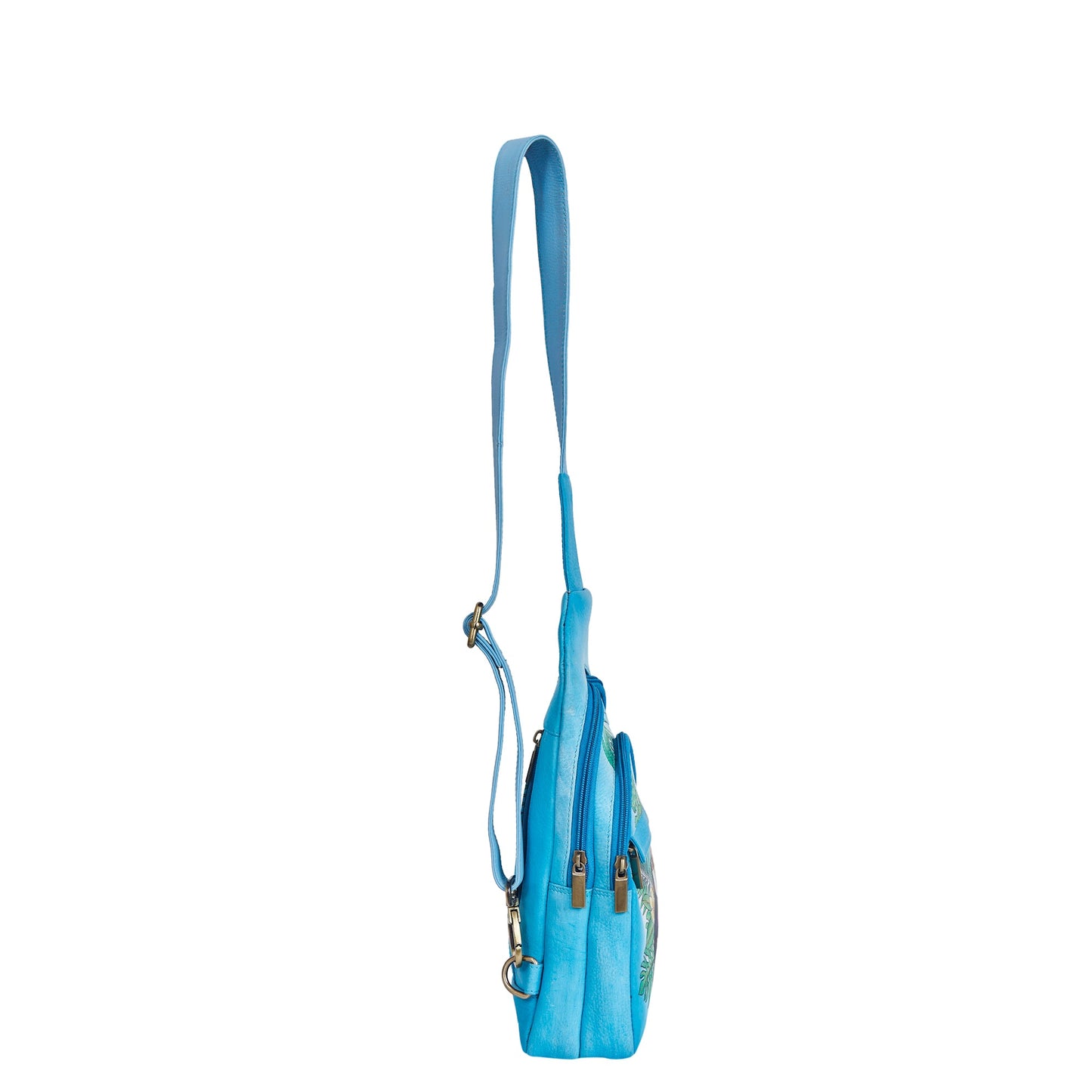 Hand‑Painted Blue Leather Fanny Pack – Adjustable Crossbody & Waist Bag