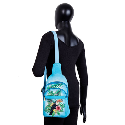 Hand‑Painted Blue Leather Fanny Pack – Adjustable Crossbody & Waist Bag