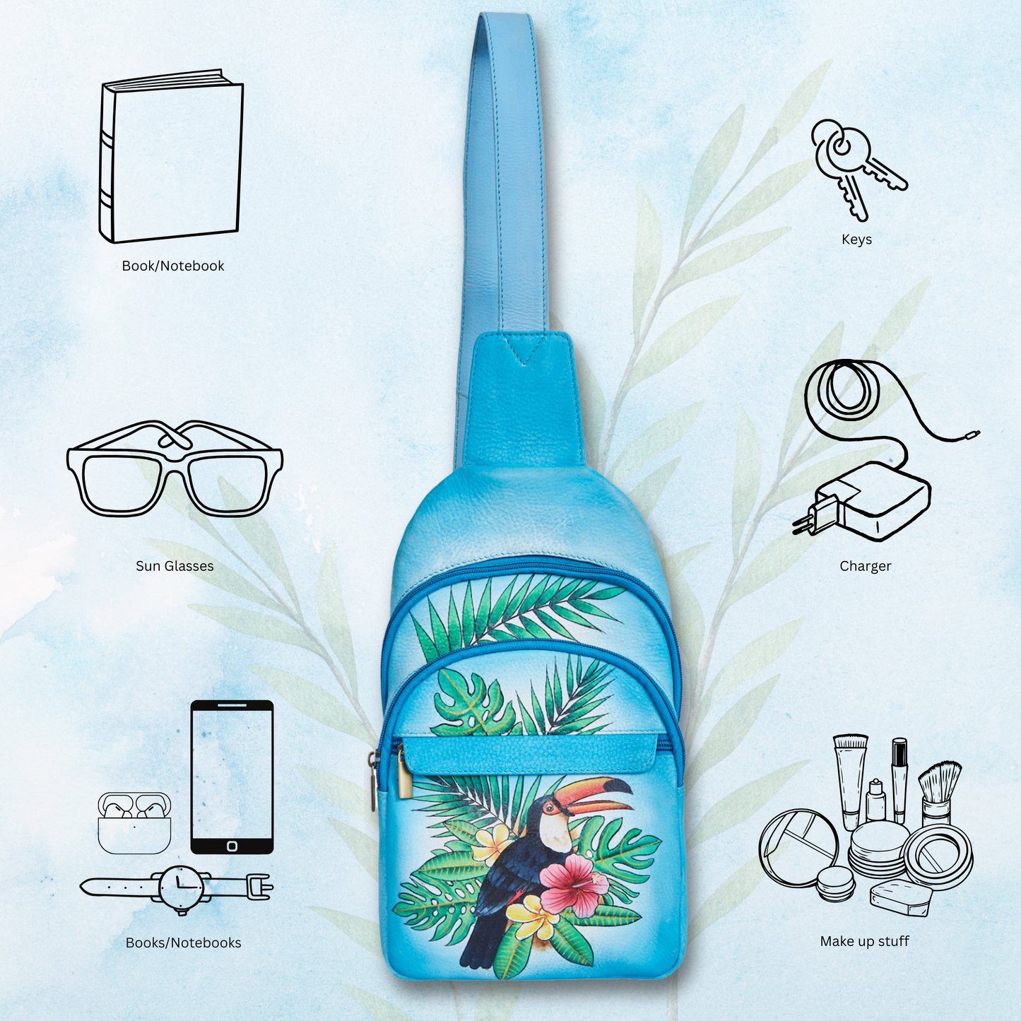 Hand‑Painted Blue Leather Fanny Pack – Adjustable Crossbody & Waist Bag