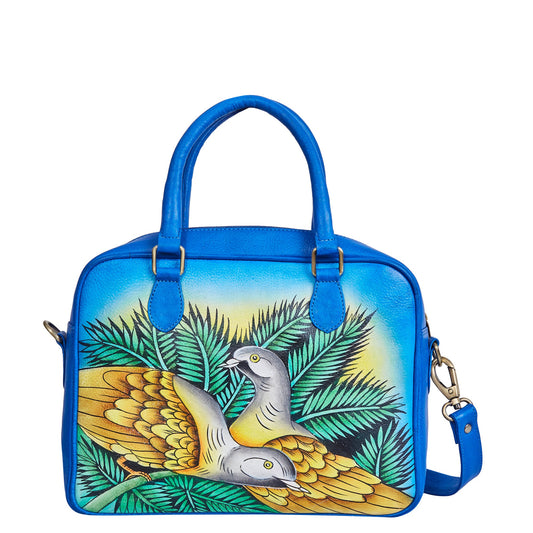 Blue Hand-Painted Women Leather Handbag – Elegant Bird & Leaf Design