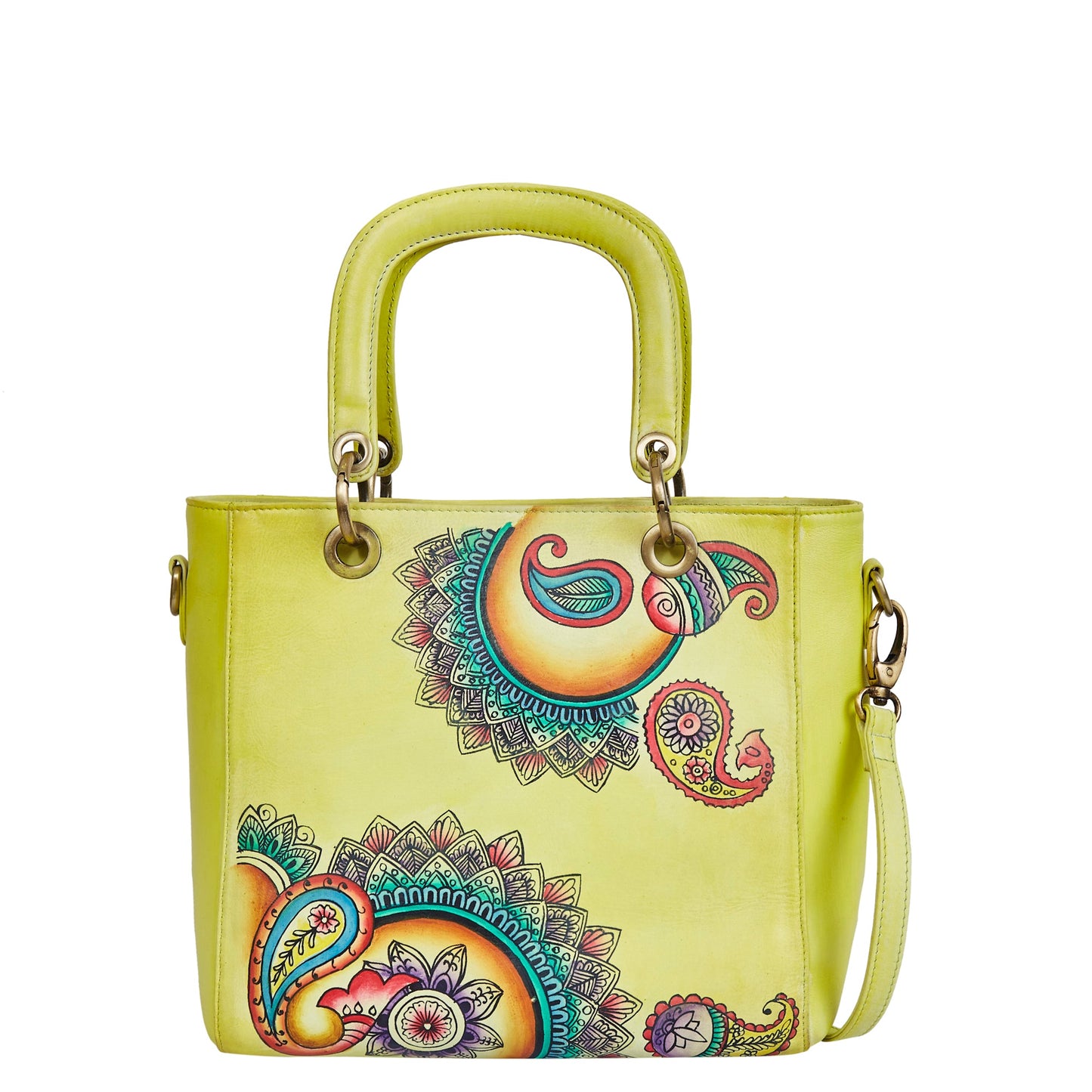 Leather Hand-Painted Yellow Mandala Handbag