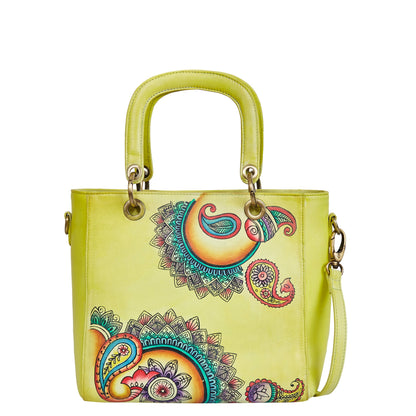 Leather Hand-Painted Yellow Mandala Handbag