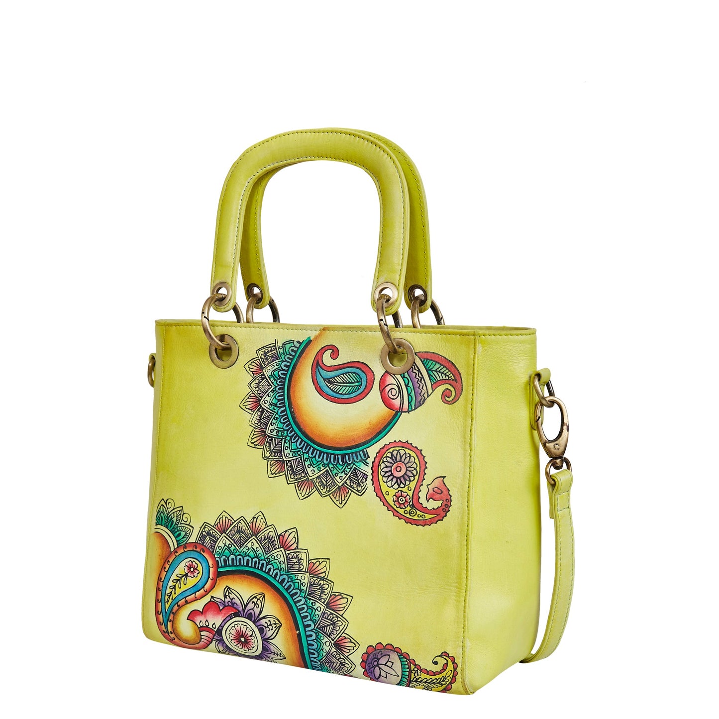 Leather Hand-Painted Yellow Mandala Handbag