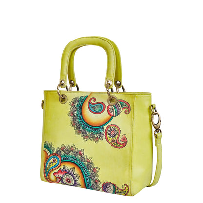 Leather Hand-Painted Yellow Mandala Handbag
